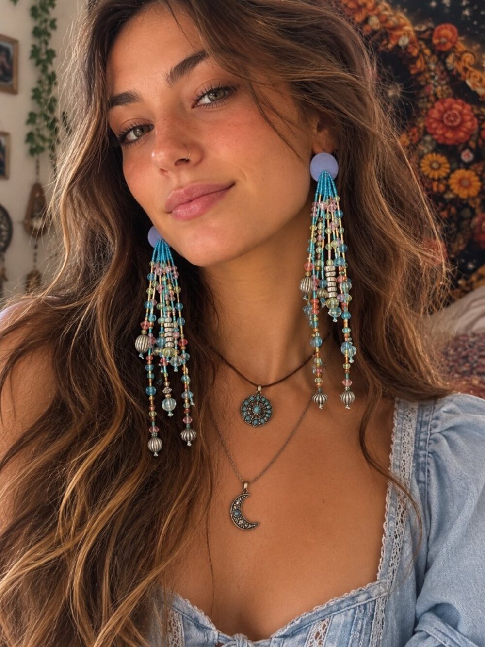Vintage 70's Artisan Long Beaded Earrings